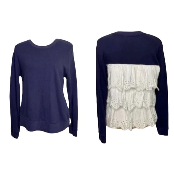JOIE Devra Eyelet Ruffle Long Sleeve Sweatshirts in Navy/White Size Small - Picture 1 of 7